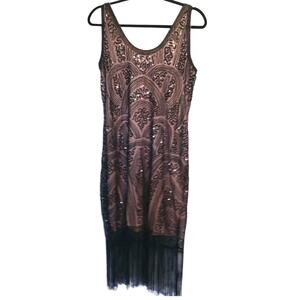 Unique Vintage Flapper Style Dress Black Beaded w Fringe Size XL 14 Retro 1920s